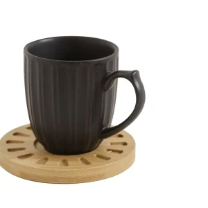 Tazas Negra con plato Bambu